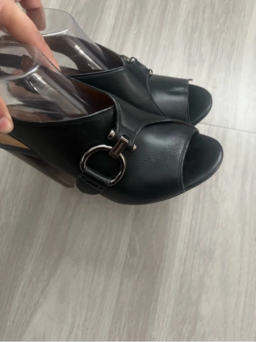 Coach Black Leather Horsebit Peep Toe Block Heel Slingback Sandals Women’s 9.5